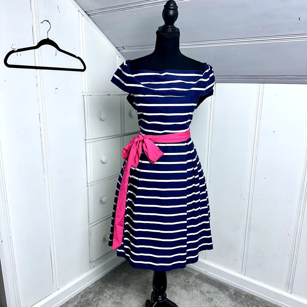 NWT Eliza J Navy White Stripe Off Shoulder Fit Flare Dress Pink Sash Belt Sz 12
